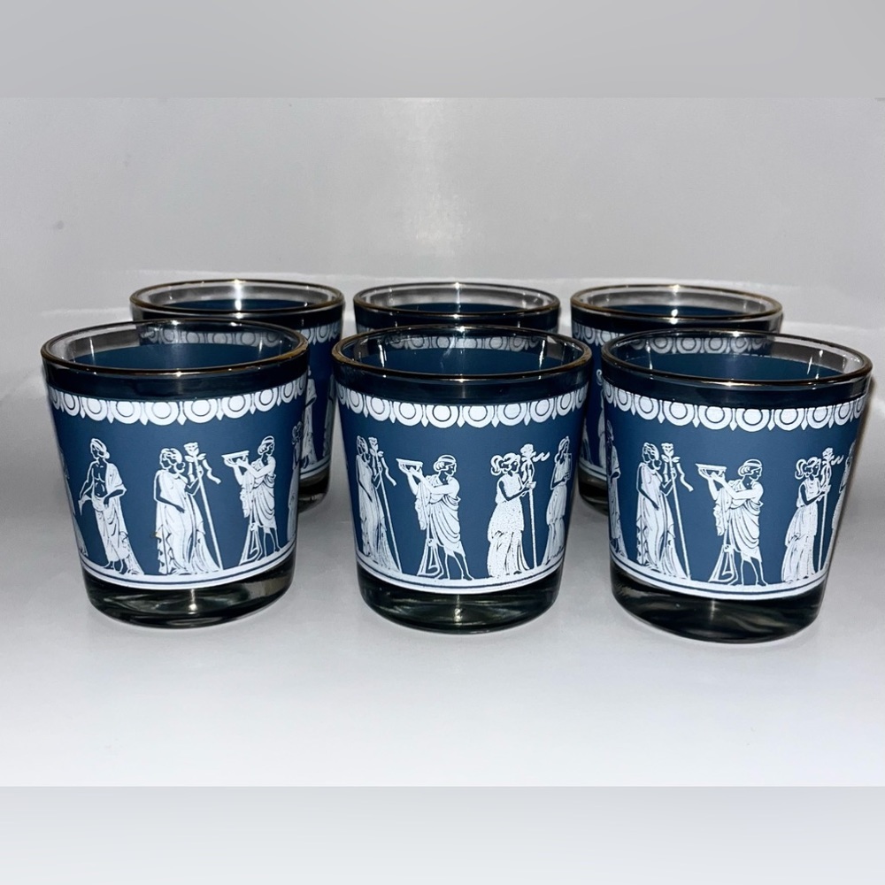 Lot of 6 Vintage Hazel Atlas Wedgwood‎ Blue Short Glasses Egyptian w/ Gold Rims